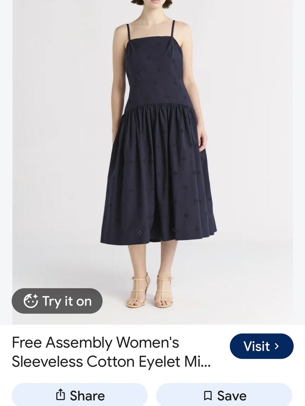 Sleeveless Navy Cotton Eyelet Midi Dress
